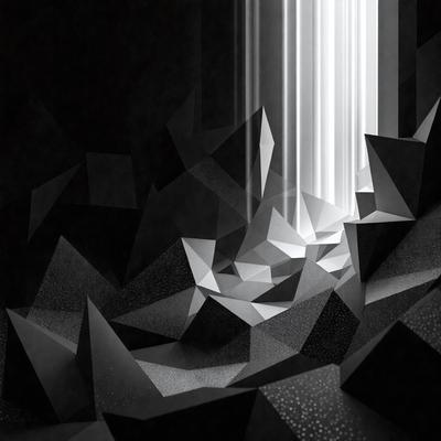 The primary subject of the image is a black and white geometric pattern, which appears to be a digital art or illustration. The setting is a dark room, and the visual style is a combination of a photo and a drawing. The dominant colors are black and white, creating a moody and dramatic atmosphere.